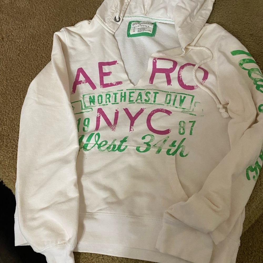 Aeropostale White Hoodie with Pink and Green Accents
